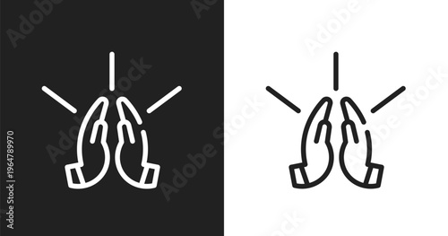 Praying icon. Linear black, white icon from charity collection. Outline praying vector. Thin line symbol isolated on white and black background