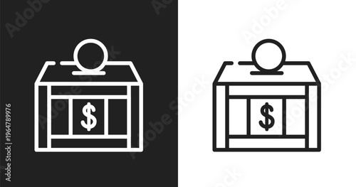 Donation box icon. Linear black, white icon from charity collection. Outline donation box vector. Thin line symbol isolated on white and black background