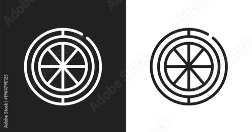 Car spare wheel icon. Linear black, white icon from car parts collection. Outline car spare wheel vector. Thin line symbol isolated on white and black background