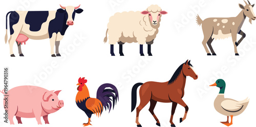 Farm Animal Icon Set Featuring Cow, Sheep, Goat, Pig, Rooster, Horse, and Duck Illustrations for Digital Media, Websites, Educational Materials, and Apps