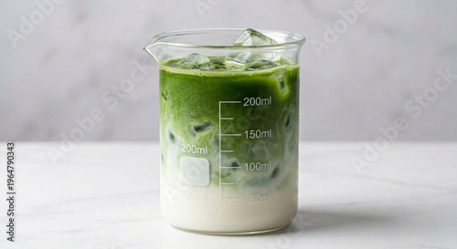 Close-up of iced matcha latte in a glass with milk layer and condensation. Ideal for cafe menus, beverage branding, and healthy lifestyle concepts.