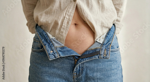 Close-up of female torso wearing layered blue denim jeans with focus on texture and styling. Ideal for fashion, streetwear, and modern clothing concepts. 