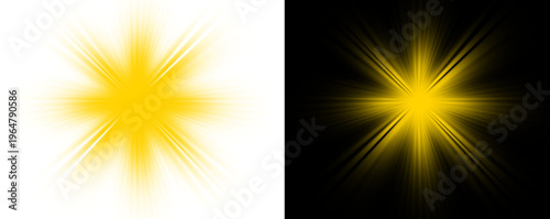 Yellow starburst effects on white and black backgrounds on transparent background