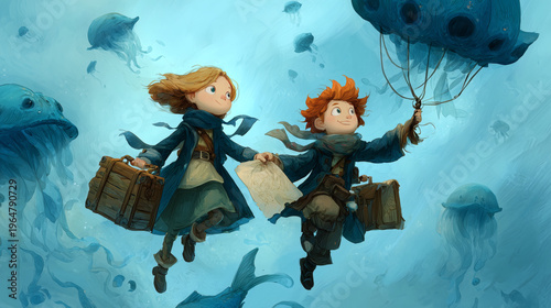 Dibujo infantil de dos niños volando