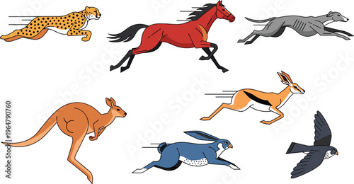 Running Animal Icon Set Featuring Cheetah, Horse, Greyhound, Kangaroo, Gazelle, Hare, and Swift Bird Illustrations for Digital Media, Websites, and Apps