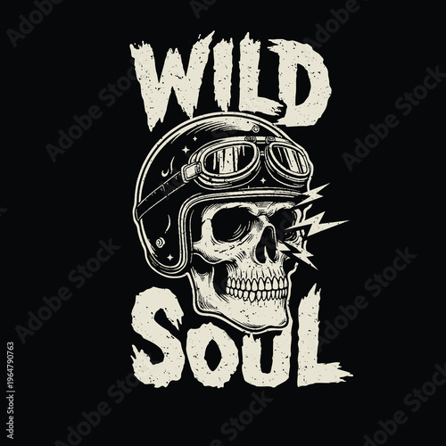 Vintage WILD SOUL REBEL Biker Skull Helmet Vector Illustration