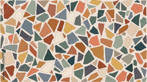Colorful abstract geometric mosaic pattern with irregular polygonal shapes in pastel tones and earthy hues