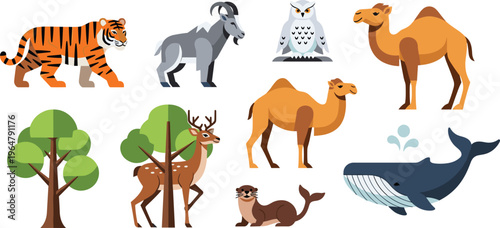 Wild and Desert Animal Icon Set Featuring Tiger, Mountain Goat, Snowy Owl, Camel, Trees, Deer, Otter, and Whale Illustrations for Digital Media, Websites, and Educational Apps