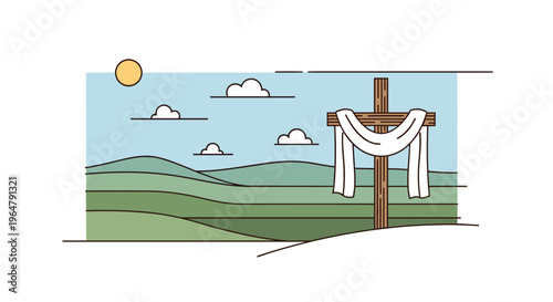 A single wooden cross with white fabric stands on a green foreground with a minimalist landscape of hills, clouds, and a sun in the background.