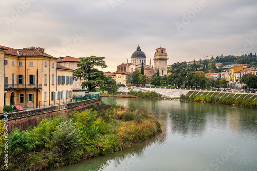 Photography Adige River and San Giorgio in Braida Church in Verona, Italy.