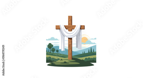 A single wooden cross with white fabric stands on a green hill with a landscape of trees and a rising sun in the background.