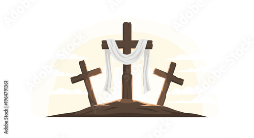 Three wooden crosses, with white fabric on the central one, stand on a dark hill under a warm-toned sky.
