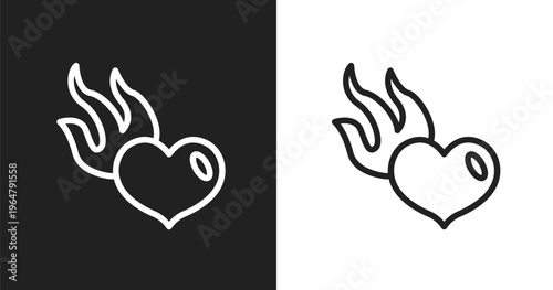 Heart in flames icon. Linear black, white icon from general collection. Outline heart in flames vector. Thin line symbol isolated on white and black background