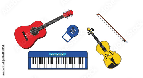 Four distinct musical instruments, including a red acoustic guitar, a blue electronic keyboard, a yellow violin, and a blue metronome, are illustrated on a white background.