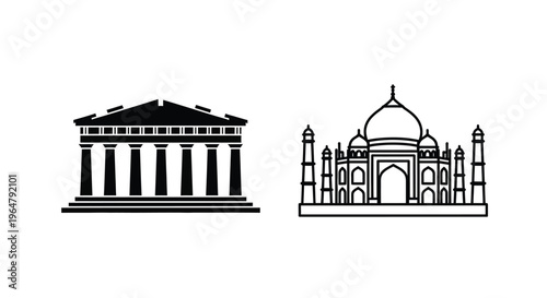 Iconic landmarks of the parthenon and taj mahal black silhouette