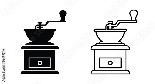 Two vintage coffee grinders depicted in contrasting styles silhouette
