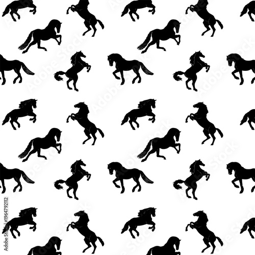 Black and white pattern with horses in motion.Vector seamless pattern with black horse silhouettes on a white background.