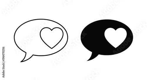 Two speech bubbles with hearts one positive and one negative silhouette