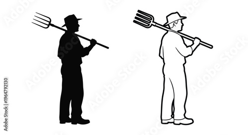 Two farmers carrying pitchforks in a striking black silhouette