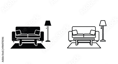 Modern living room furniture set including a sofa and lamps silhouette