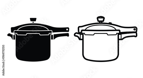 Two pressure cookers one solid black and one outline silhouette