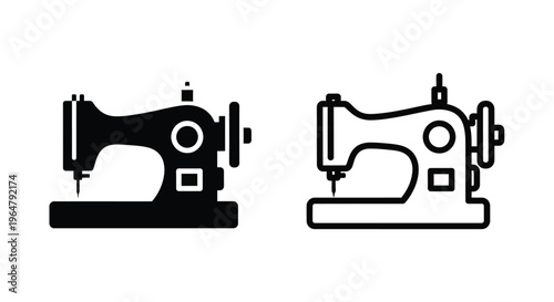 Two vintage sewing machines depicted in contrasting black styles silhouette