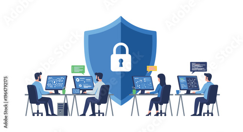 Four cartoon people are seated at desks, working on computers, protected by a large central blue shield with a padlock icon on a white background.