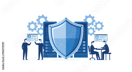 Four cartoon men are interacting with digital profile screens and server racks protected by a central blue shield on a white background.