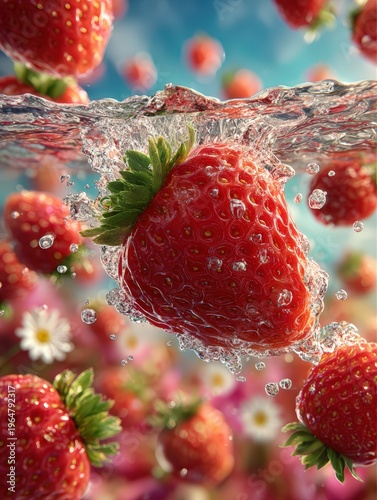 Fresh Red Strawberries Splashing in Clear Water with Floating Flowers