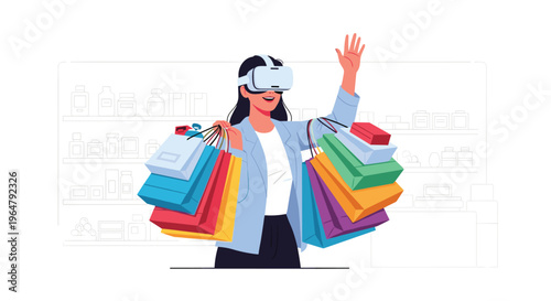 A woman wearing a virtual reality headset happily holds many colorful shopping bags in a virtual store setting.