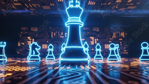 Neon chess pieces on electronic circuit board for strategy concept