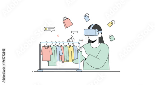 A person wearing a virtual reality headset interacts with a digital clothing rack in an immersive online shopping experience.