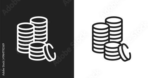 Three dollar coins stacks icon. Linear black, white icon from business and finance collection. Outline three dollar coins stacks icon vector. Thin line symbol for use on web and mobile apps, logo,
