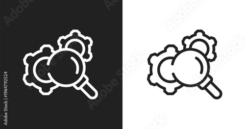 Gear with magnifying glass icon. Linear black, white icon from marketing and seo collection. Outline gear with magnifying glass icon vector. Thin line symbol for use on web and mobile apps, logo,