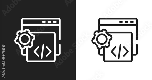 Custom coding icon. Linear black, white icon from marketing and seo collection. Outline custom coding vector. Thin line symbol isolated on white and black background