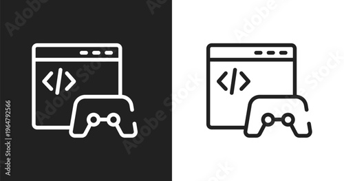 Game developing icon. Linear black, white icon from marketing and seo collection. Outline game developing vector. Thin line symbol isolated on white and black background