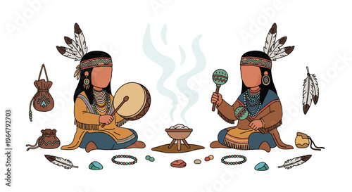 Two faceless tribal figures, adorned with feathers, sit on the ground, playing a drum and maraca near a smoking fire pit.