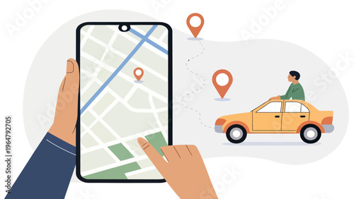 A person uses a smartphone to navigate a car journey with a map and location markers.