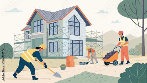 Construction workers building a new house with scaffolding and tools