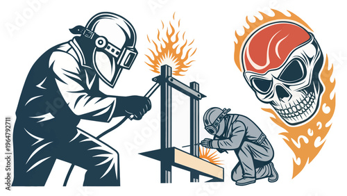 Two workers in protective gear welding metal with flames and a skull in the background