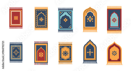 Ten distinct rectangular Islamic prayer mats, each with unique geometric and arch patterns, are arranged in two rows on a white background.