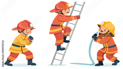 Three cartoon firefighters working together to put out a fire with a ladder and hose