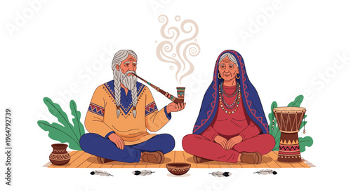 An elderly tribal couple sits cross-legged on a patterned mat, with the man smoking a traditional long pipe.