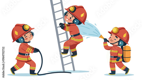 Three cartoon firefighters working together to extinguish a fire with a ladder and hose
