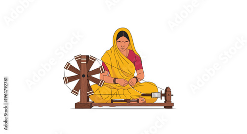 A woman in a bright yellow saree sits on the floor, intently operating a large wooden spinning wheel.