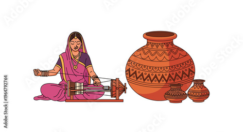 A woman in a vibrant pink saree sits on the floor, operating a wooden spinning wheel next to decorative terracotta pots.
