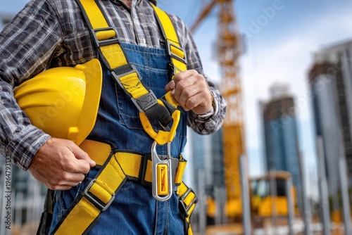Construction worker holding hard hat wearing safety harness on building background, ensuring safety protocols, and demonstrating occupational safety at the construction site.