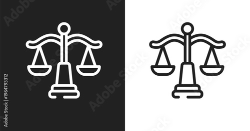 Law balance icon. Linear black, white icon from law and justice collection. Outline law balance vector. Thin line symbol isolated on white and black background