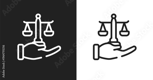 Justice scales in hand icon. Linear black, white icon from law and justice collection. Outline justice scales in hand vector. Thin line symbol isolated on white and black background