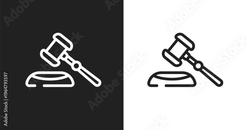 Gavel icon. Linear black, white icon from law and justice collection. Outline gavel vector. Thin line symbol isolated on white and black background